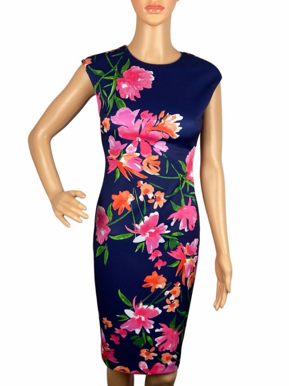 Vince Camuto Navy Midi Dress with Pink & Coral Floral Print